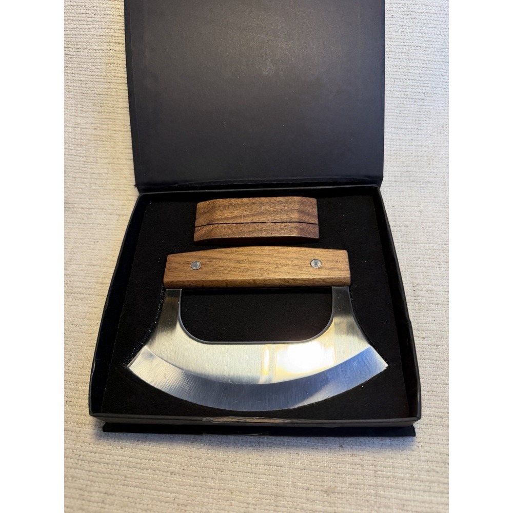 Coowolf Mezzaluna Herb Chopper Knife w/ Wood‎ Stand Gift Set